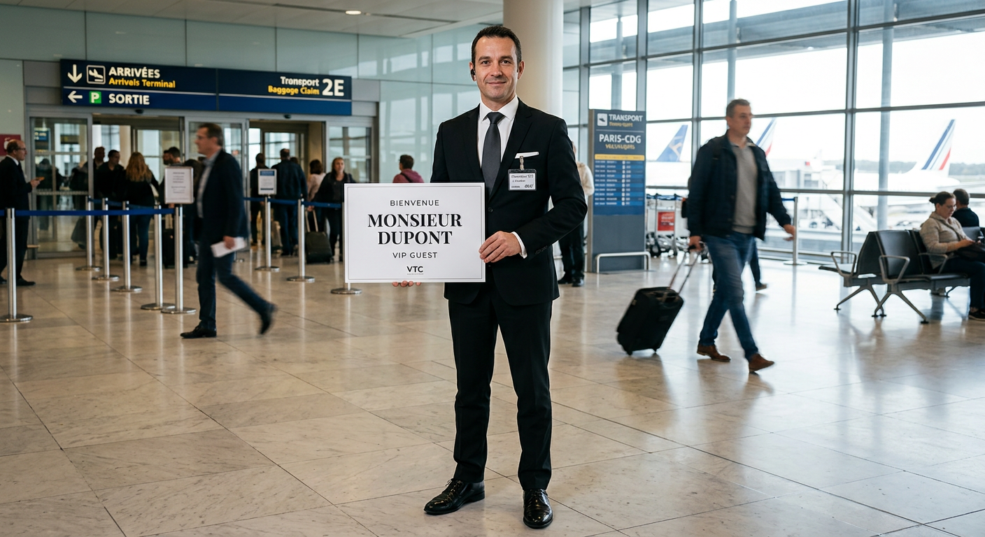 Chauffeur VTC accueil aéroport CDG avec pancarte